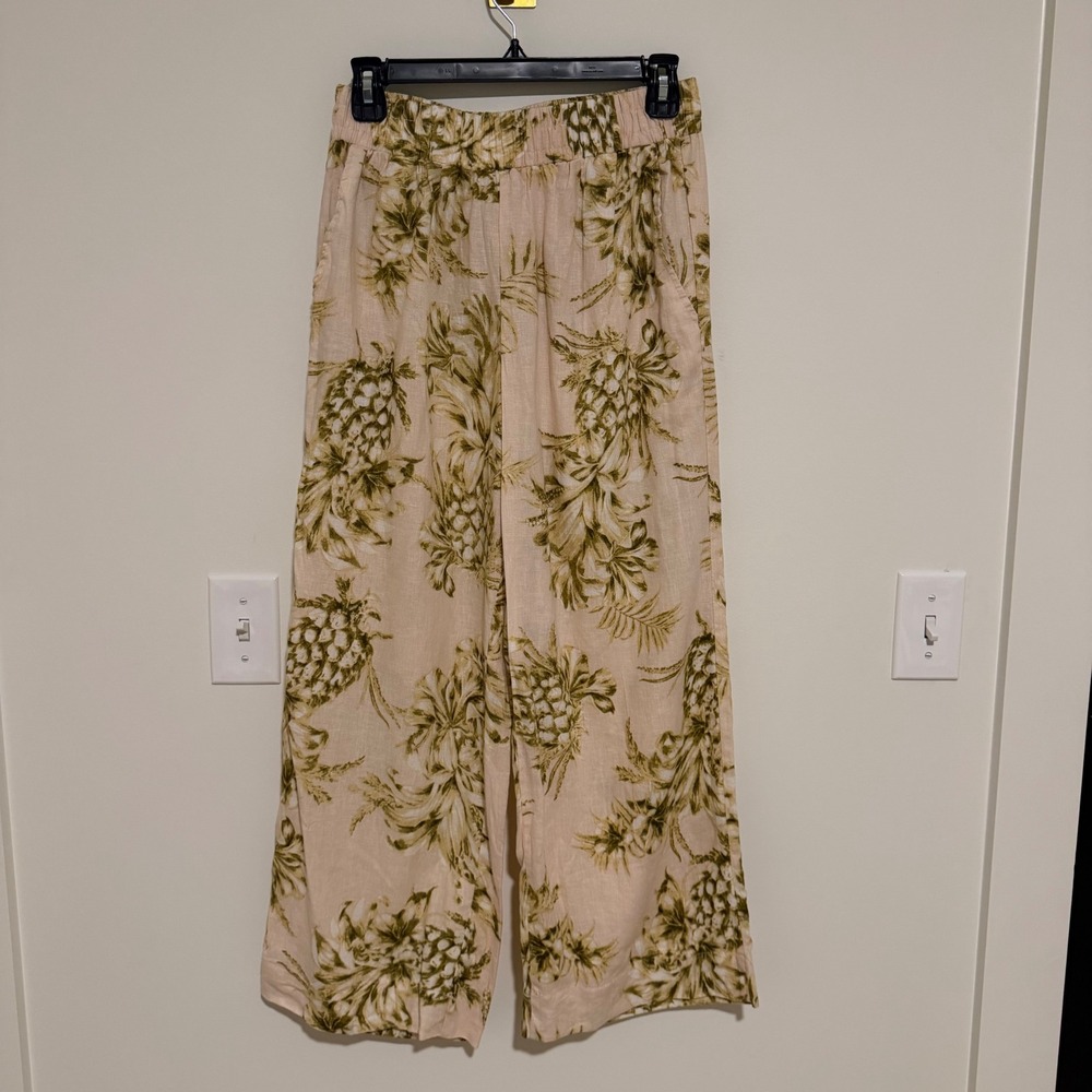 Panama Jack Women Peach Green Pineapple‎ Print Wide Leg Linen Blend Pants Small